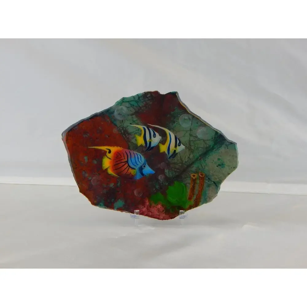 Fish on Chrysocolla & Cuprite Stone Slice, Art Home Decor